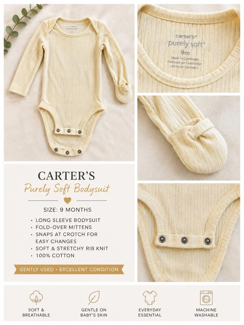 Carter's Purely Soft Long Sleeve Bodysuit - Cream